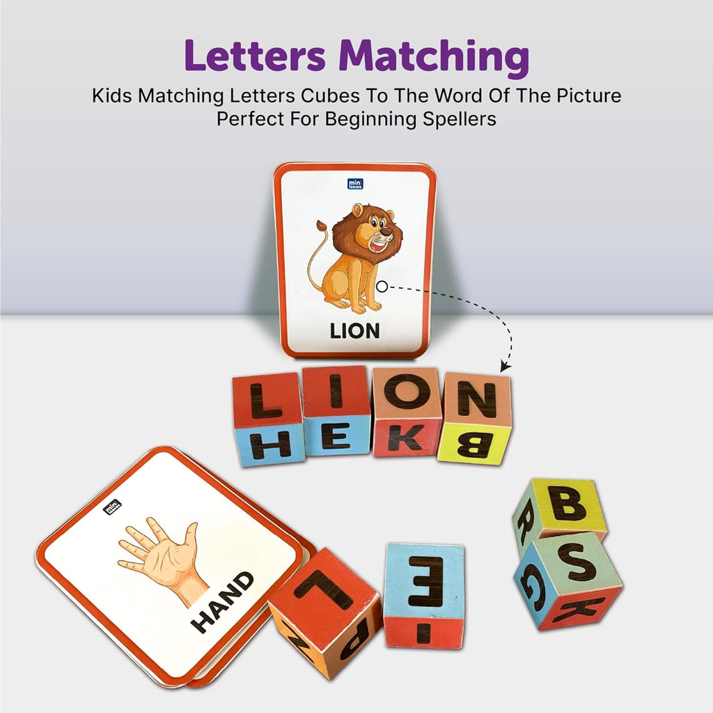 Wooden Cube Blocks Learning Game with Flash Cards 3+ Years - Mini Leaves