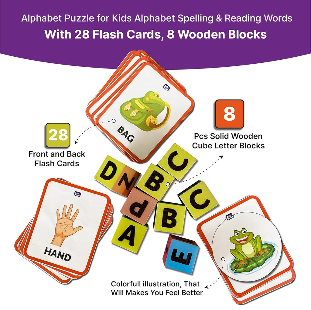 Wooden Cube Blocks Learning Game with Flash Cards 3+ Years - Mini Leaves