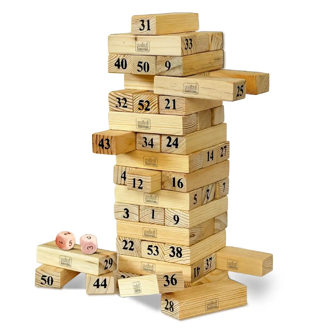Jenga Wooden Block Tower Game 54 pieces 2 Dice 6 Years Mini Leaves