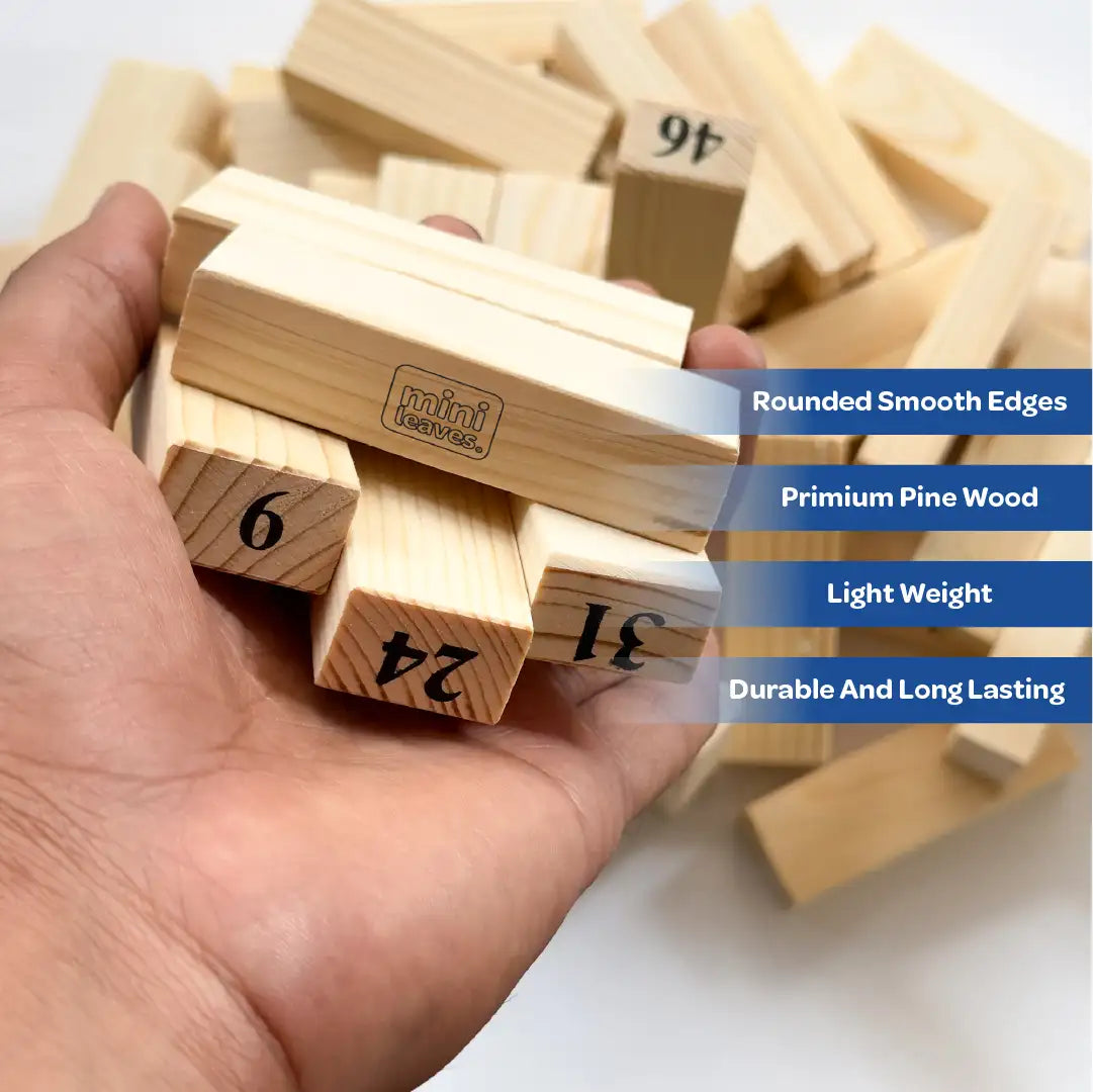 Jenga Wooden Block Tower Game 54 pieces Dice 6+ Years – Mini Leaves