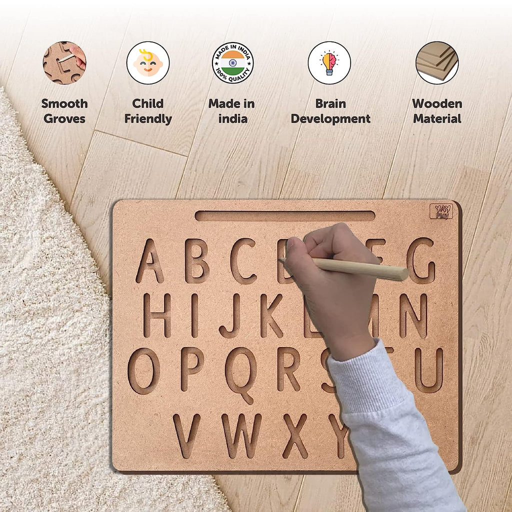 Capital and Small Alphabets Educational Wooden Tracing Board for Kids 3+ - Double Sided Board - Mini Leaves