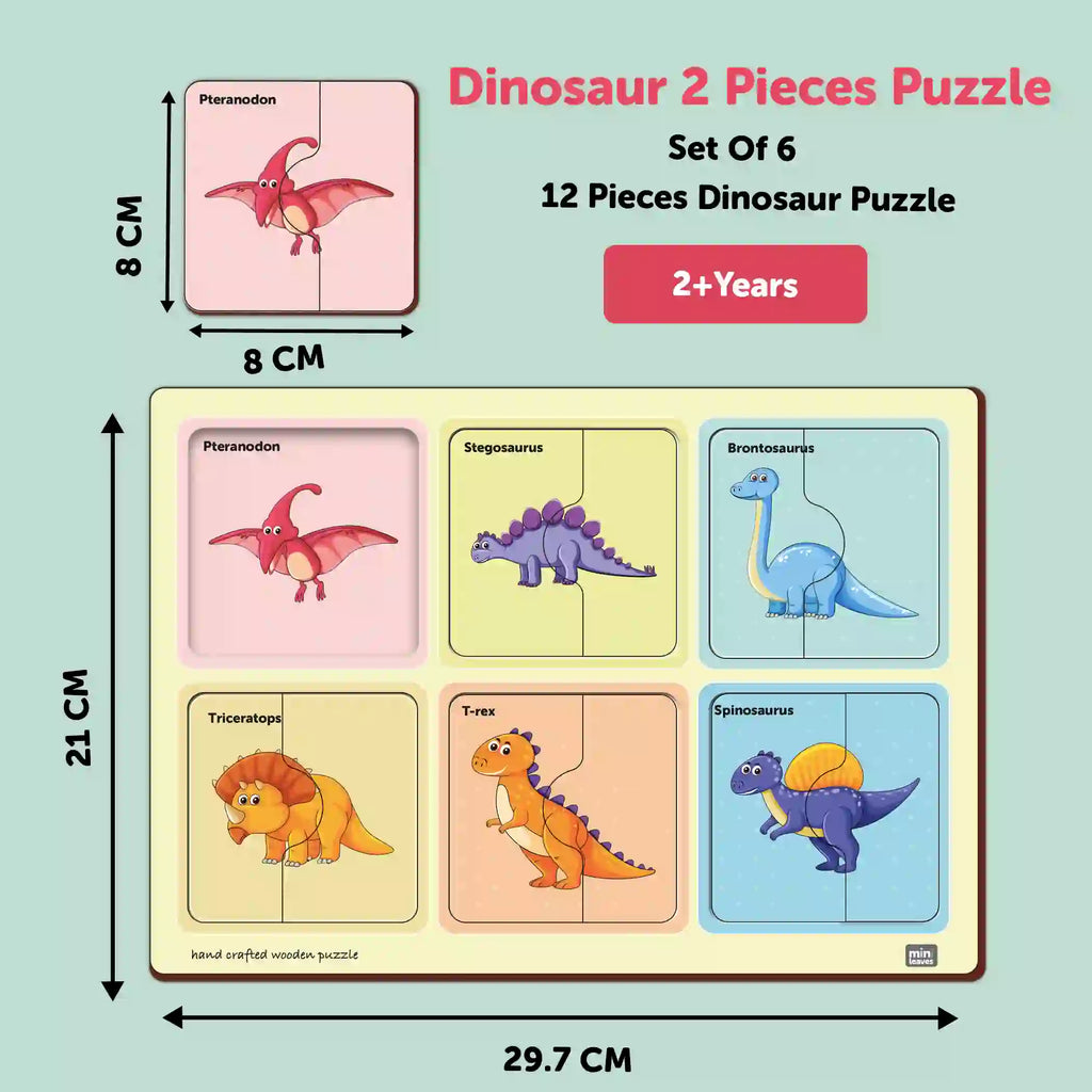 Dinosaurs 2 Pieces Wooden Puzzle 2+ Years - Mini Leaves